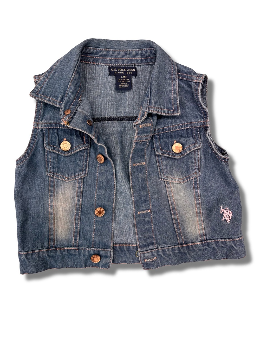 U.S. Polo Assn. Girls Blue Denim Vest Sleeveless Button Front Pockets L Size 6
